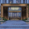 Modern Building Entrance Gate With Glass Doors Metal Frame And Landscaped Garden