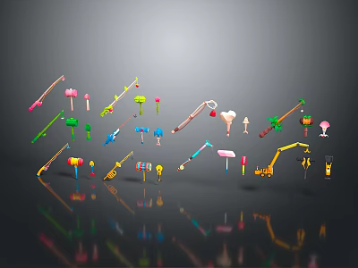 Colorful Animal Figurines Arranged On Reflective Black Surface With Bright Hues 3d model