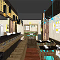 Modern Restaurant Interior With Wooden Bar Counter And Stools Silver Metal Equipment And Decorative Panels