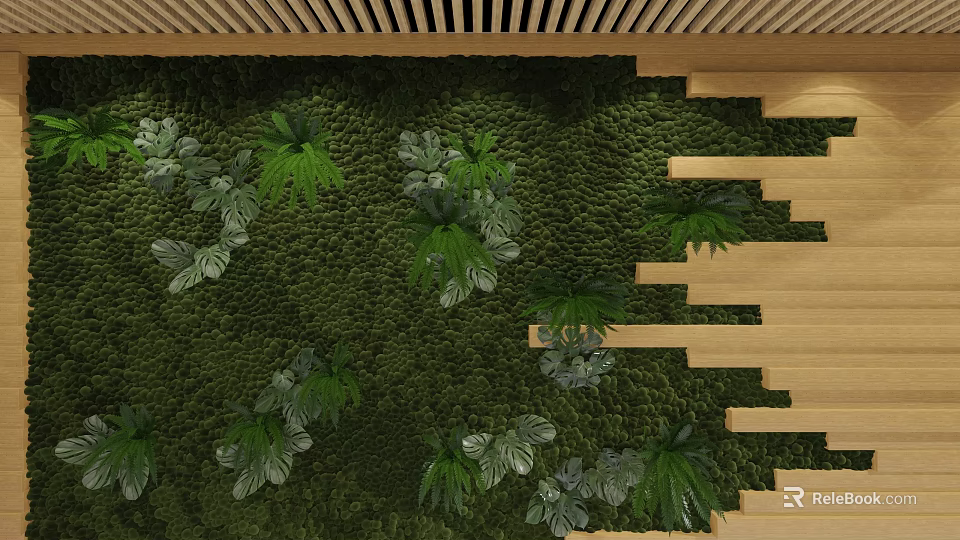 Indoor Living Plant Wall Design With Green Foliage And Wooden Strips Decor 3d model 