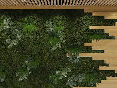 Indoor Living Plant Wall Design With Green Foliage And Wooden Strips Decor 3d model