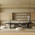 Japanese Style Tea Room With Wooden Low Table Floor Cushions And Bamboo Cabinet Doors