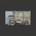 Old Rusty Metal Doors In Cluttered Corner With Cart Boxes And Shelves