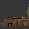 Rustic Wooden Table Setup With Barrel Stool Sack And Hanging Dried Plants