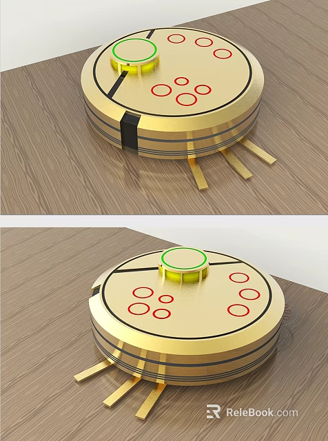 Household Electric Appliance With Golden Circular Design Green Button Red Dots On Wooden Surface 3d model 