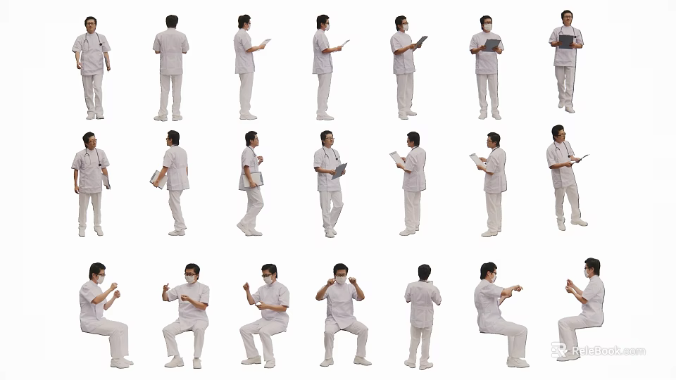 Professional Staff In White Uniforms Showing Various Standing And Sitting Poses 3d model 