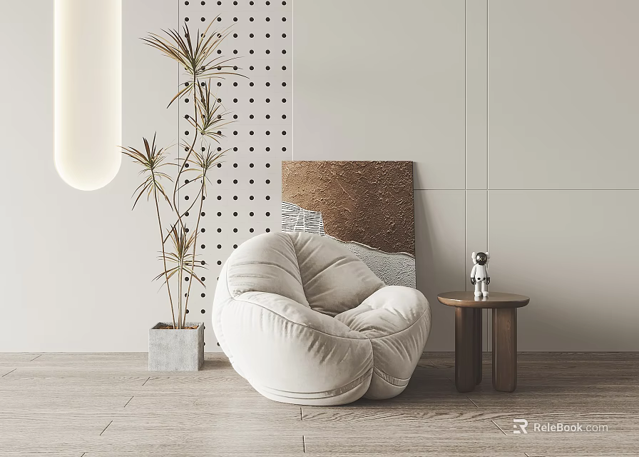 Comfortable White Bean Bag Chair With Small Wooden Table And Green Plant In Minimalist Interior 3d model 