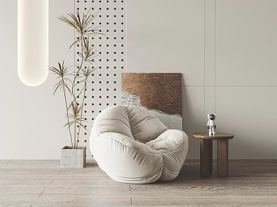 Comfortable White Bean Bag Chair With Small Wooden Table And Green Plant In Minimalist Interior 3d model
