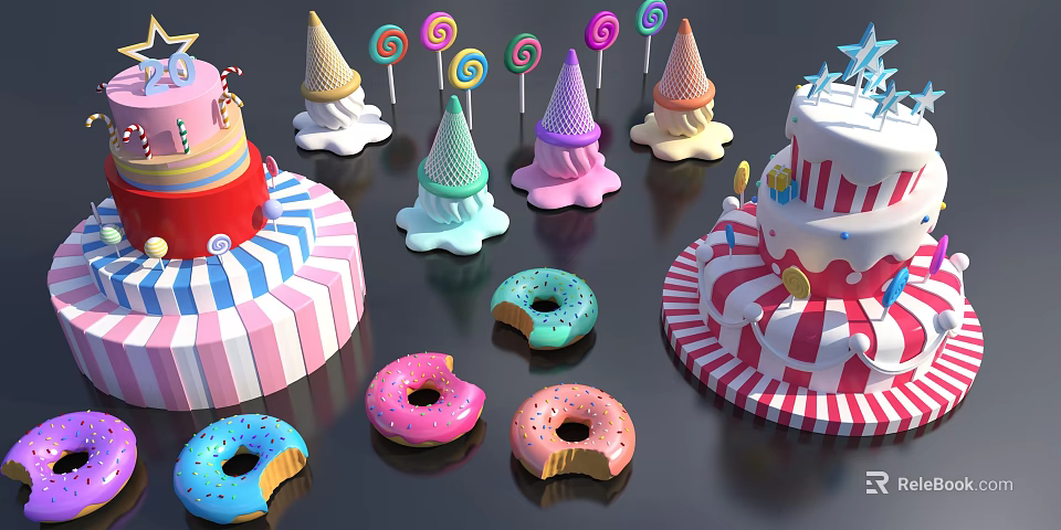 Playful Colorful Dessert Display With Donuts Ice Cream Cones Lollipops And Cake 3d model 
