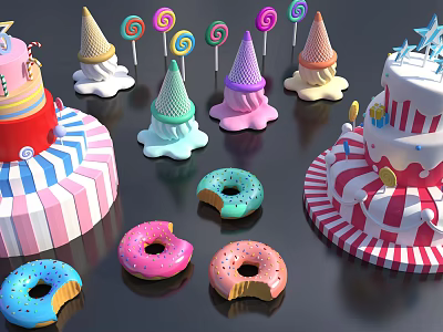 Playful Colorful Dessert Display With Donuts Ice Cream Cones Lollipops And Cake 3d model
