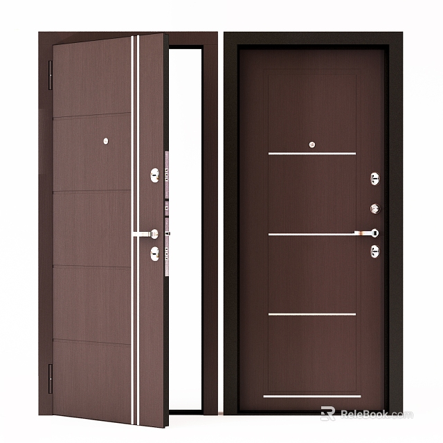 Dark Brown Wooden Swing Door With Horizontal Lines Handle And Lock Design 3d model 