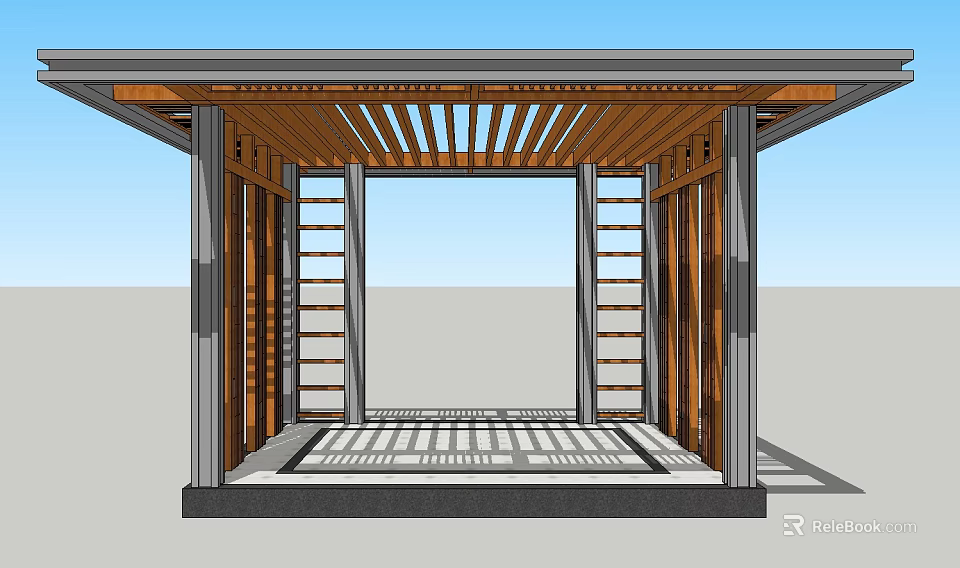 Modern Pavilion Design With Wooden Structure Lattice Roof And Patterned Floor 3d model 