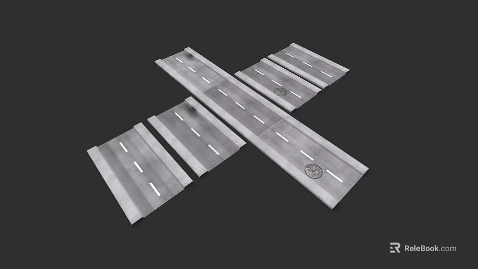 Municipal Road Intersection With Asphalt Pavement And White Lane Markings 3d model 