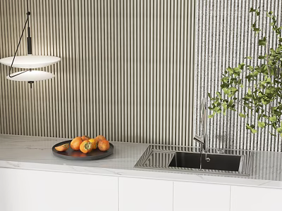 Modern Kitchen With Marble Countertop Kitchen Sink Plate Of Oranges Striped Wall And Green Plant 3d model