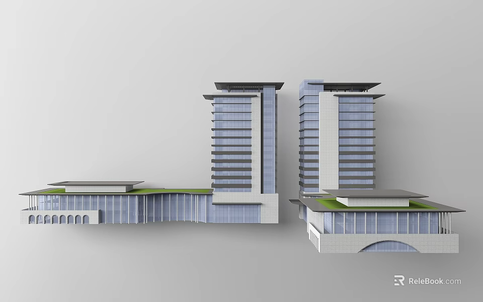 Modern Office Building Complex With Two Tall Towers And Low Rise Structures 3d model