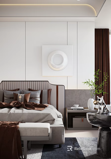 Cozy Modern Bedroom Interior With Soft Bedding Decorative Pillows And Green Plant 3d model 