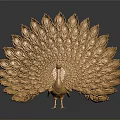 Golden Peacock Sculpture With Fanned Tail Feathers And Dark Background Reflection