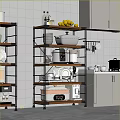 Multi tiered Kitchen Shelf With Lemons Pots Dishes And Coffee Maker In Modern Kitchen 3d model