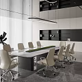 Modern Conference Room Interior With Long Table Light Colored Chairs Wall Shelves And Modern Lighting