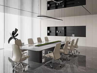 Modern Conference Room Interior With Long Table Light Colored Chairs Wall Shelves And Modern Lighting 3d model
