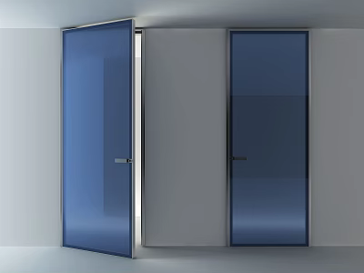 Modern Interior Featuring Blue Glass Doors Open And Closed With White Walls 3d model