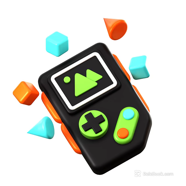 Handheld Game Console With Black Body Green Buttons And Colorful Geometric Blocks 3d model 