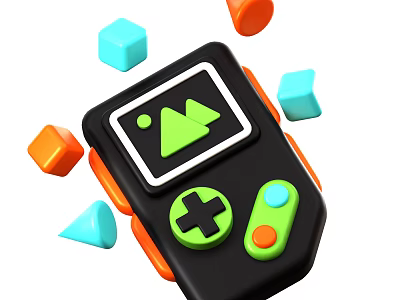 Handheld Game Console With Black Body Green Buttons And Colorful Geometric Blocks 3d model