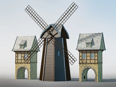 Traditional Windmill Tower Structure with Wooden Blades Slate Roofs Arched Doorways and Stone Windows 3d model