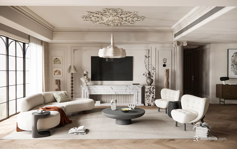 Elegant Classic Living Room Interior With Chandelier Sofa Fireplace And Coffee Table 3d model 