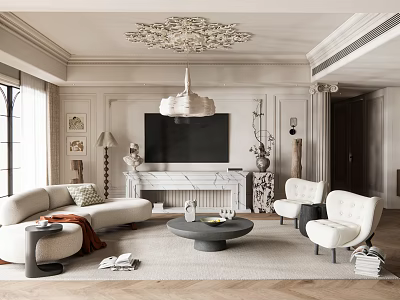 Elegant Classic Living Room Interior With Chandelier Sofa Fireplace And Coffee Table 3d model