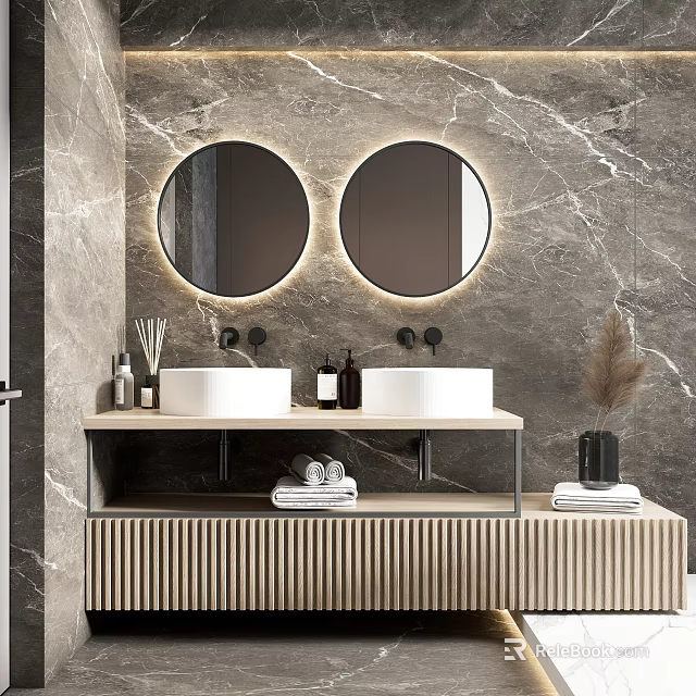 Modern Bathroom Interior With Backlit Two Round Mirrors Marble Wall Double Sinks And Wooden Vanity 3d model 