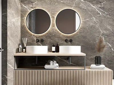 Modern Bathroom Interior With Backlit Two Round Mirrors Marble Wall Double Sinks And Wooden Vanity 3d model