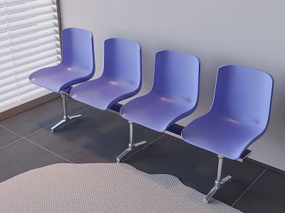Four Blue Public Chairs With Plastic Seats And Metal Frames Indoor Setting By Window Blinds 3d model