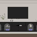 Dark TV Stand With Glass Doors Drawers Large Screen TV Vase And Green Plant