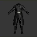 3D Model of Black Leather Long Coat With Belt And Long Sleeves In Standing Pose