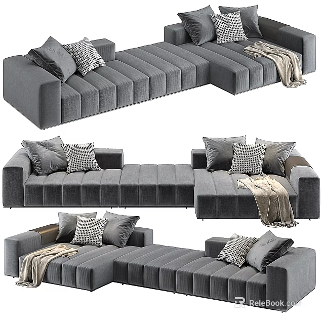 Gray Sectional Sofa With Striped Design Decorative Pillows And Throw Blanket 3d model