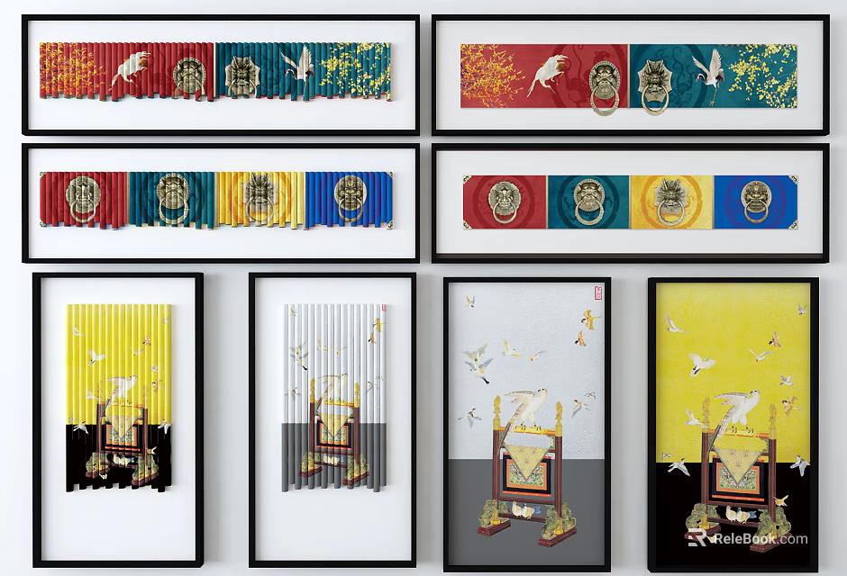 Colorful Decorative Wall Art With Bird Motifs Emblem Elements And Striped Patterns 3d model