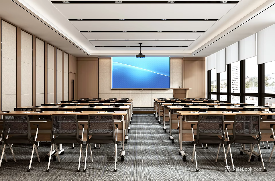 Modern Conference Room Interior With Large Projection Screen Podium And Rows Of Chairs 3d model 