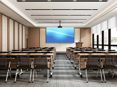Modern Conference Room Interior With Large Projection Screen Podium And Rows Of Chairs 3d model