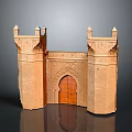 Castle Gate Architectural Model With Terracotta Towers And Arched Wooden Door