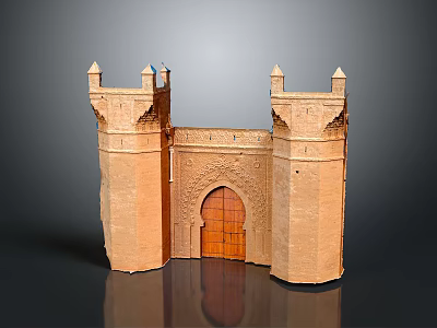 Castle Gate Architectural Model With Terracotta Towers And Arched Wooden Door 3d model