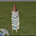 Tall Red Spire Clock Tower With Glass Windows And Surrounding Trees Under Blue Sky