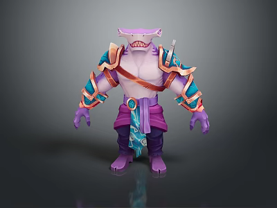 Muscular Game Movie Character With Purple Skin Shark Head Sharp Fangs Blue Orange Armor 3d model