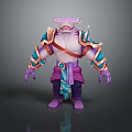 Muscular Game Movie Character With Purple Skin Shark Head Sharp Fangs Blue Orange Armor