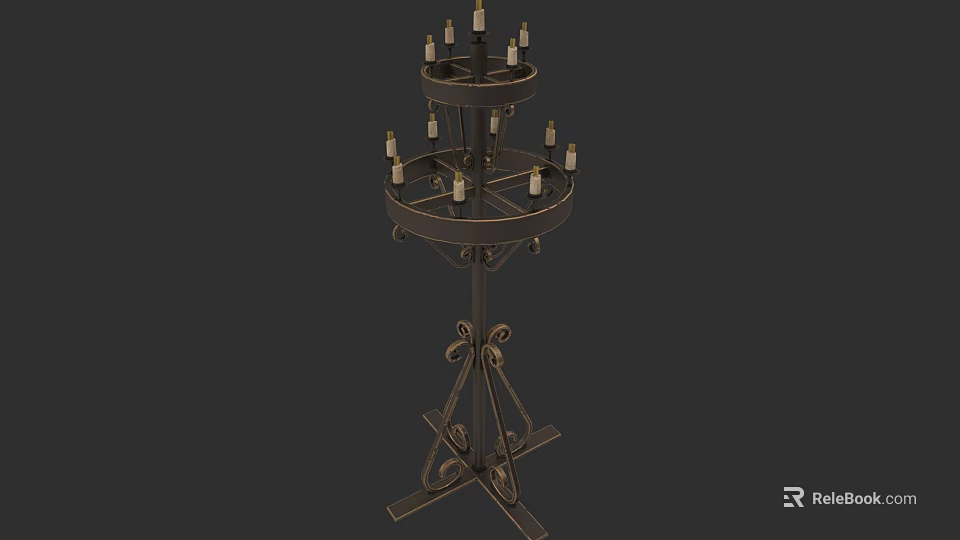 Three Tiered Metal Candelabra Sculpture With Ornate Carvings And Candle Holders 3d model 