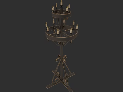 Three Tiered Metal Candelabra Sculpture With Ornate Carvings And Candle Holders 3d model