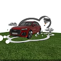 Red Audi SUV on Green Grass with White Decorative Balls Clouds and Hot Air Balloon