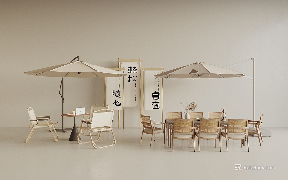Outdoor Table with Umbrellas Chairs and Decorative Screens in Leisure Courtyard 3d model 