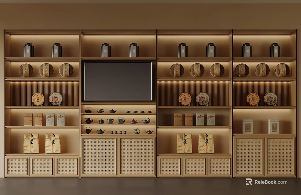 Traditional Chinese Wooden Decorative Cabinet With Jars Plates Tea Sets And Ornaments 3d model 