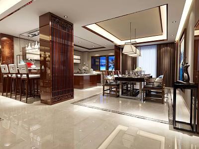 Modern Restaurant Interior With Wooden Partition Dining Table Bar Counter And Hanging Lights 3d model